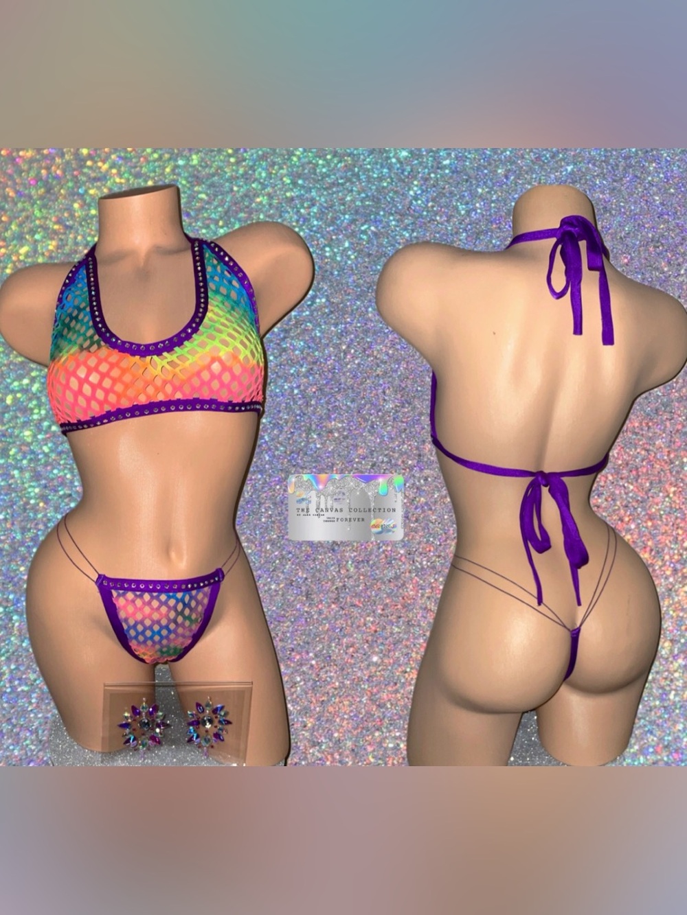 STRIPPER OUTFIT:Multicolored Rainbow Fishnet 2 piece set with rhinestones